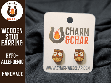 Owl Wood Stud Earrings - Animal Fashion Earring - Stud Earring - Charm and Char